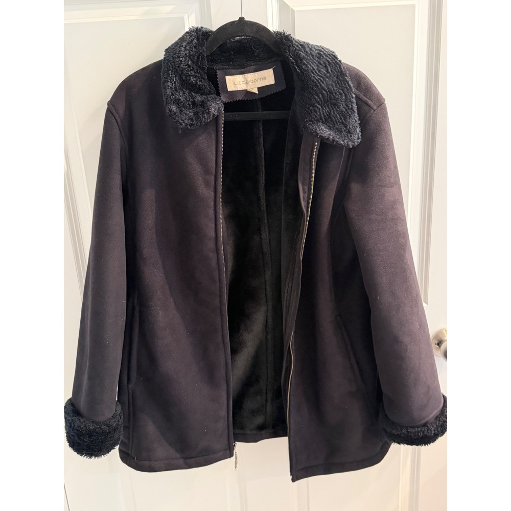 Liz Claiborne Women Medium Black Faux Suede Shearling Trim Zip Front Jacket Coat
